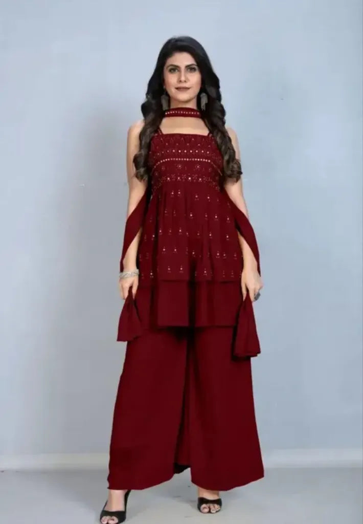 Designer Georgette Sequence Embroidery Top Palazzo Dupatta Maroon