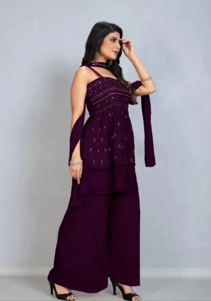Designer Georgette Sequence Embroidery Top Palazzo Dupatta Purple | Size M
