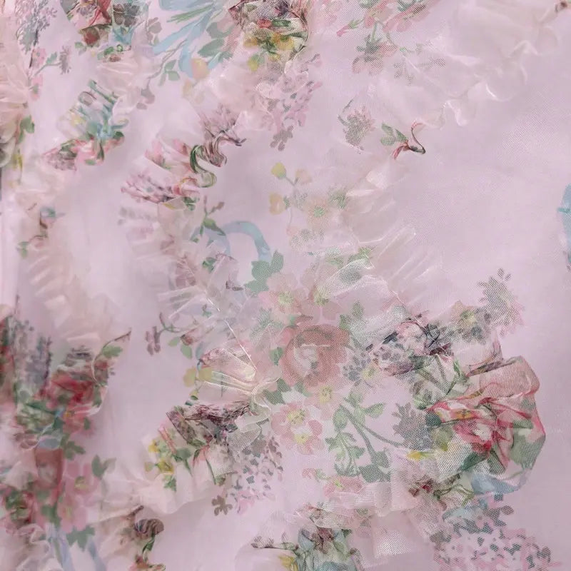 Vintage Oil Painting Floral Sheer Mesh Frill Trim Bodycon Slip Dress – Pink