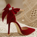 Velvet Red Bow Faux Pearl Bridal Stiletto Heels for Women – Wedding & Parties