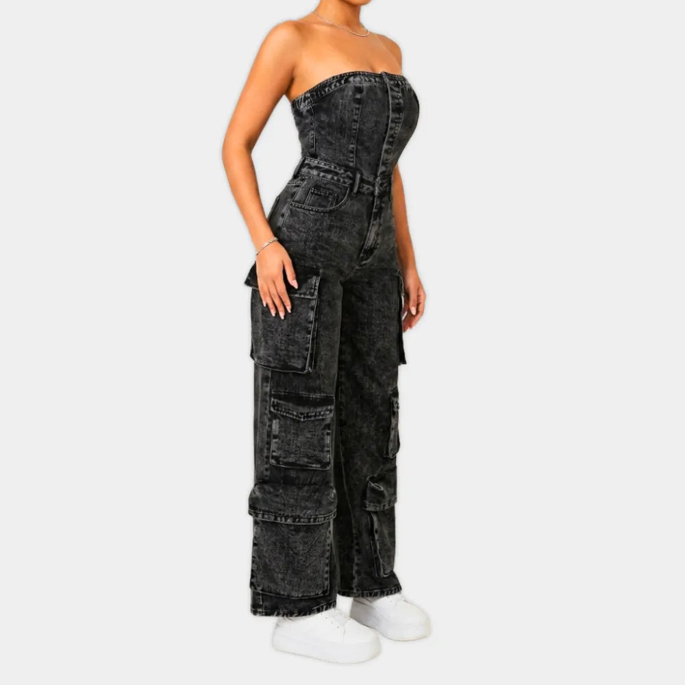 Strapless Denim Overalls & Jumpsuit with Pockets - Small Size (S)