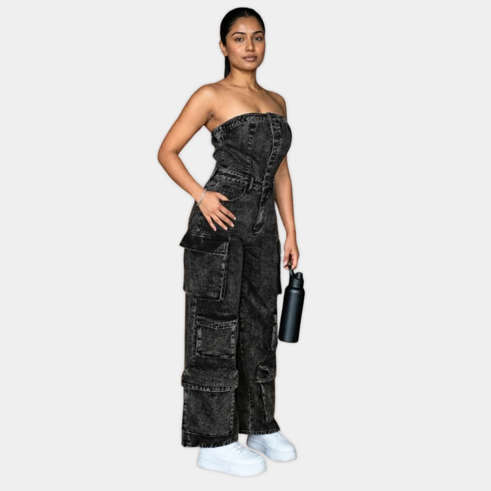 Strapless Denim Overalls & Jumpsuit with Pockets - Small Size (S)