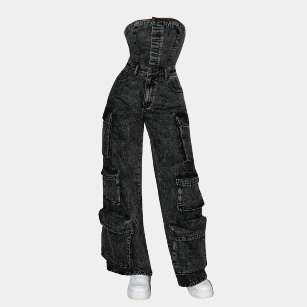 Strapless Denim Overalls & Jumpsuit with Pockets - Small Size (S)