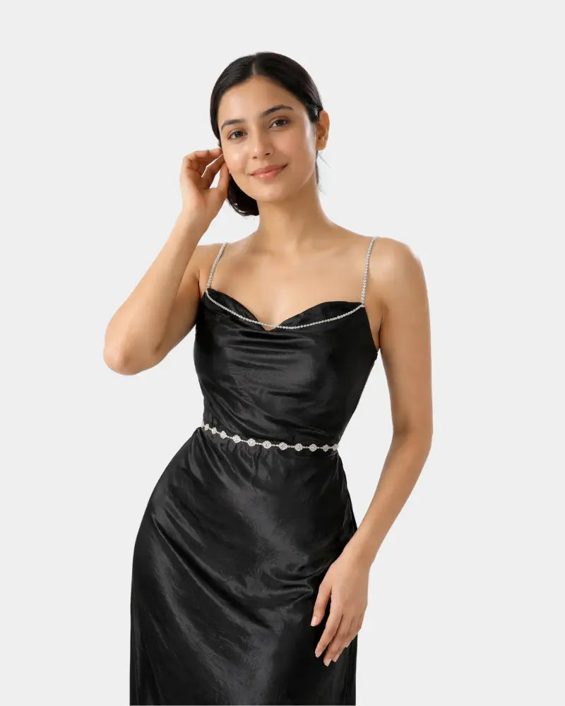 Stone Chain Shoulder Maxi Dress Silk - Party Wear Dress