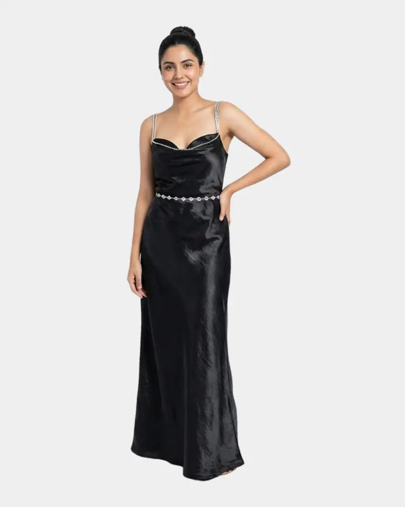 Stone Chain Shoulder Maxi Dress Silk - Party Wear Dress