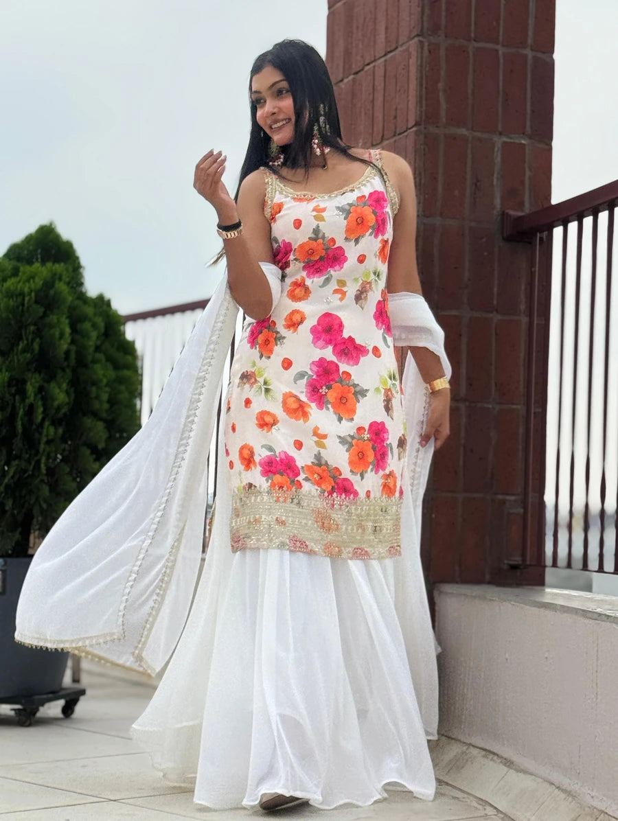 Fancy Chinon Silk Embroidery Top Palazzo Dupatta White Red