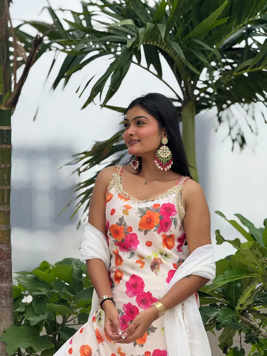 Fancy Chinon Silk Embroidery Top Palazzo Dupatta White Red