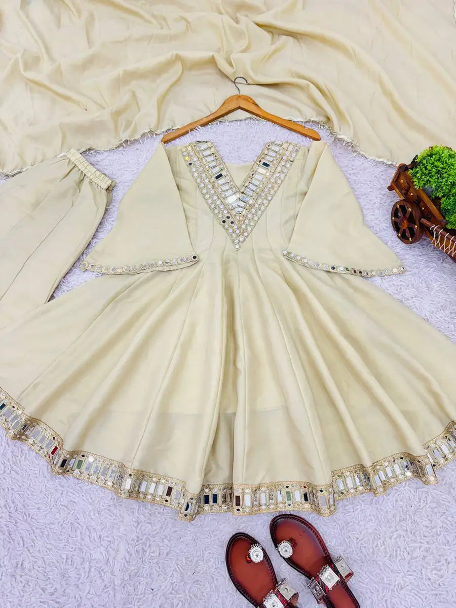 Fancy Cosmos Gold Zari Silk Mirror Work Top Palazzo Dupatta