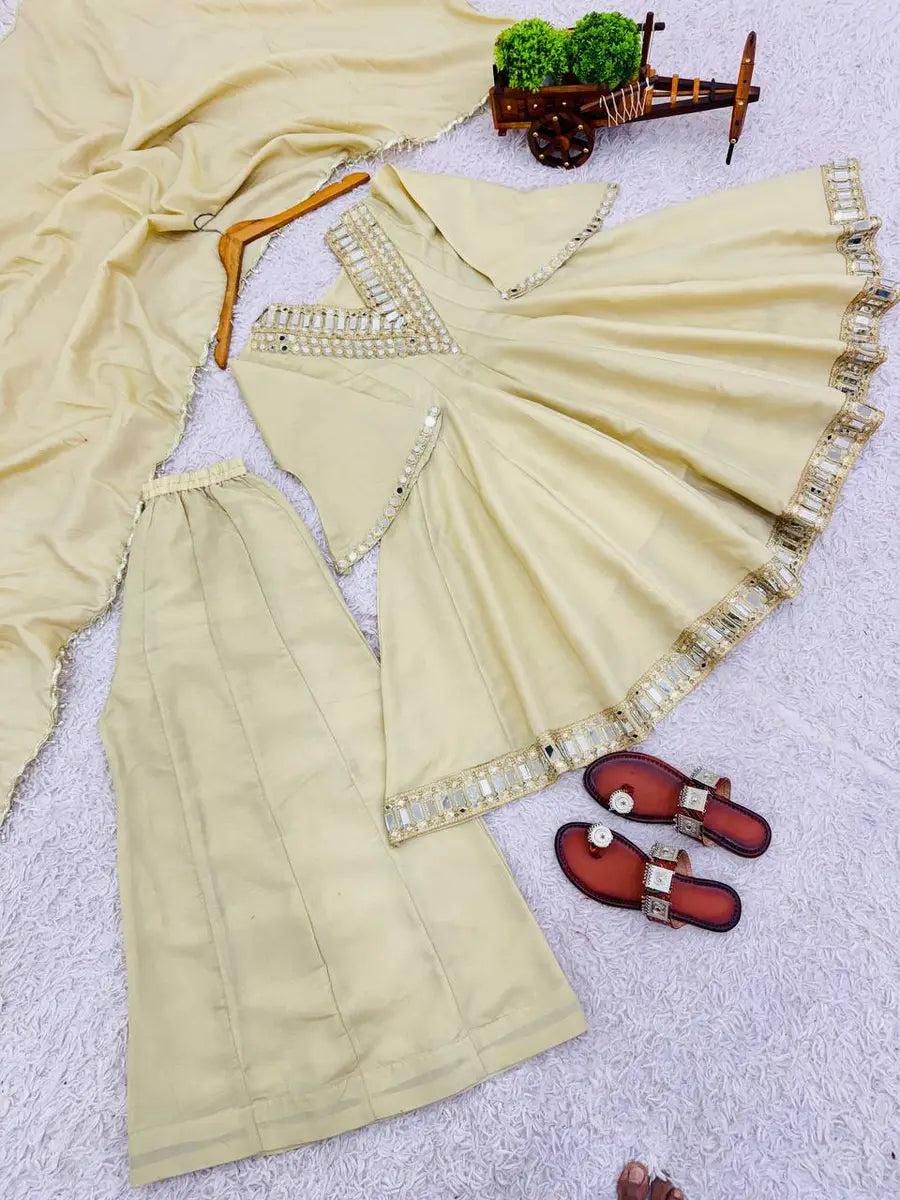 Fancy Cosmos Gold Zari Silk Mirror Work Top Palazzo Dupatta