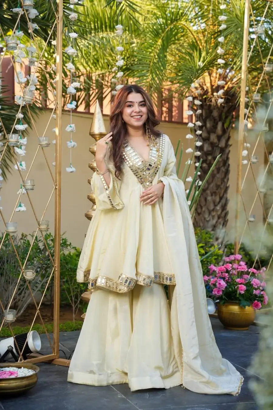 Fancy Cosmos Gold Zari Silk Mirror Work Top Palazzo Dupatta