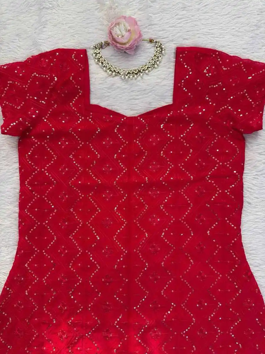 Fancy Georgette Thread Sequence Work Top Palazzo Dupatta Red