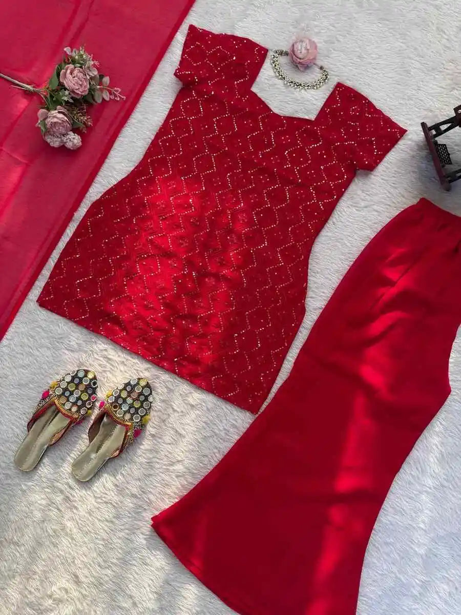 Fancy Georgette Thread Sequence Work Top Palazzo Dupatta Red
