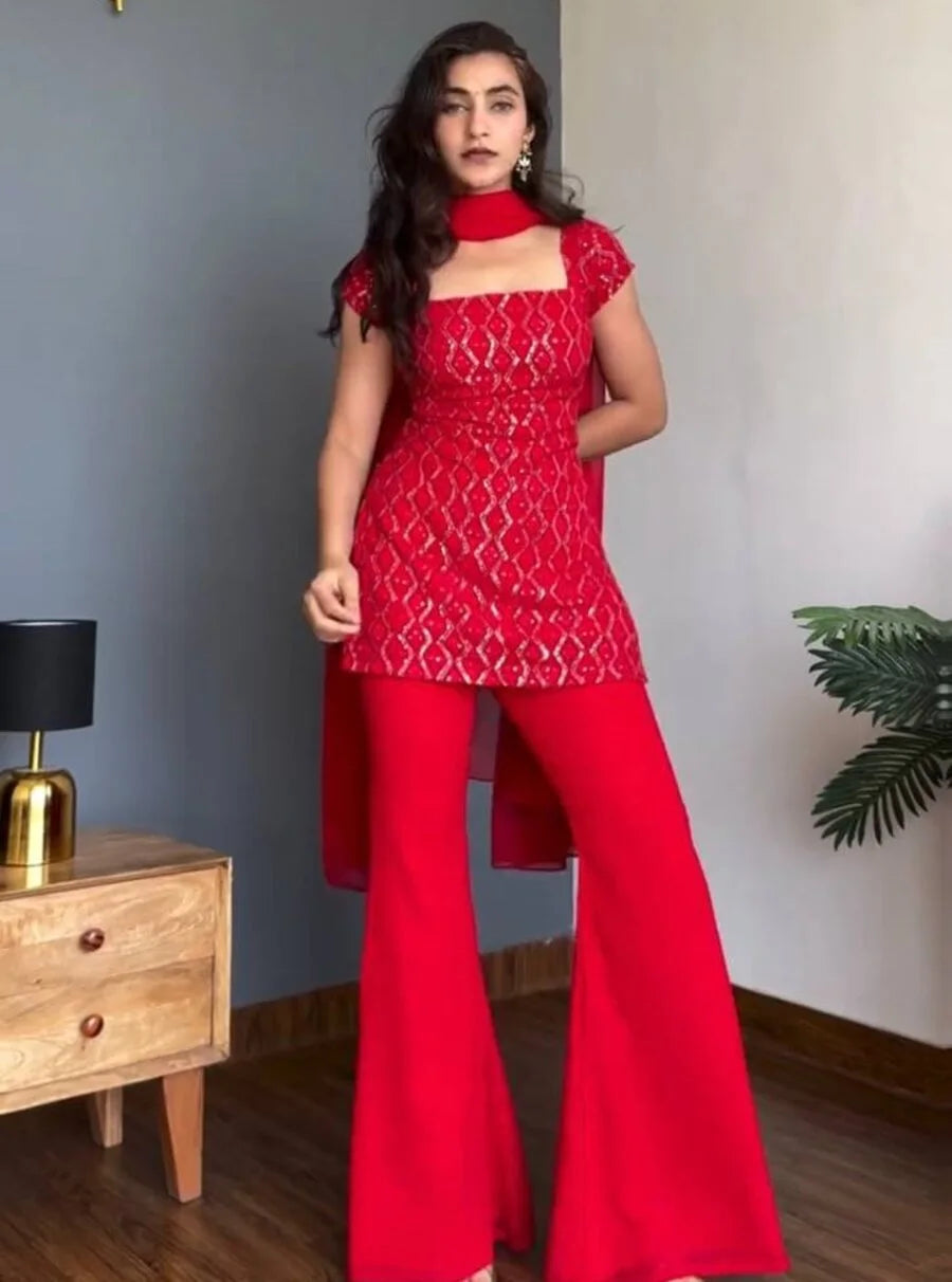 Fancy Georgette Thread Sequence Work Top Palazzo Dupatta Red