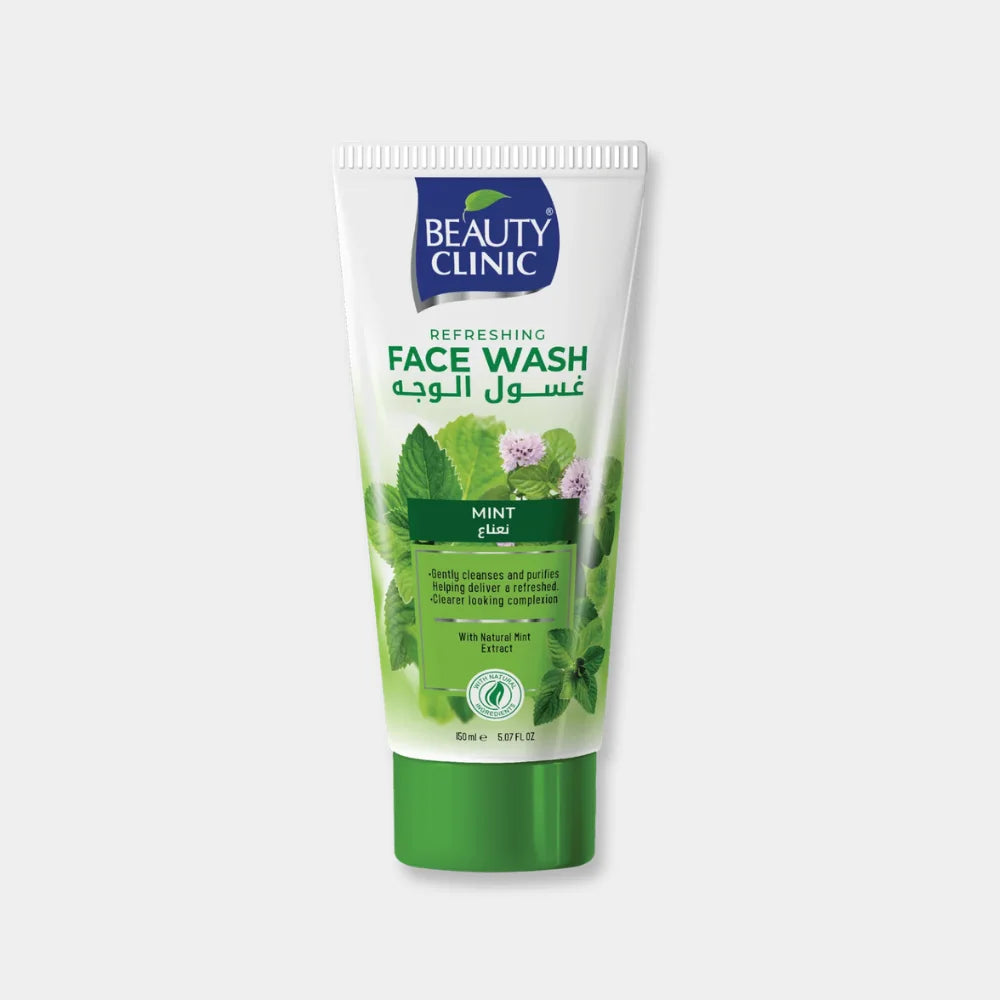 Beauty Clinic Refreshing Face Wash in Mint flavor, in a white squeeze tube with green and blue accents, set against a clean, reflective white background.