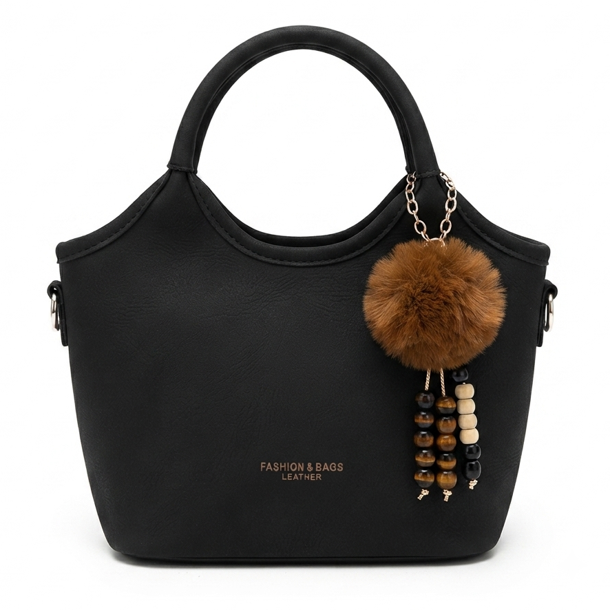 Black Leather Handbag with Faux Fur Pom-Pom Charm