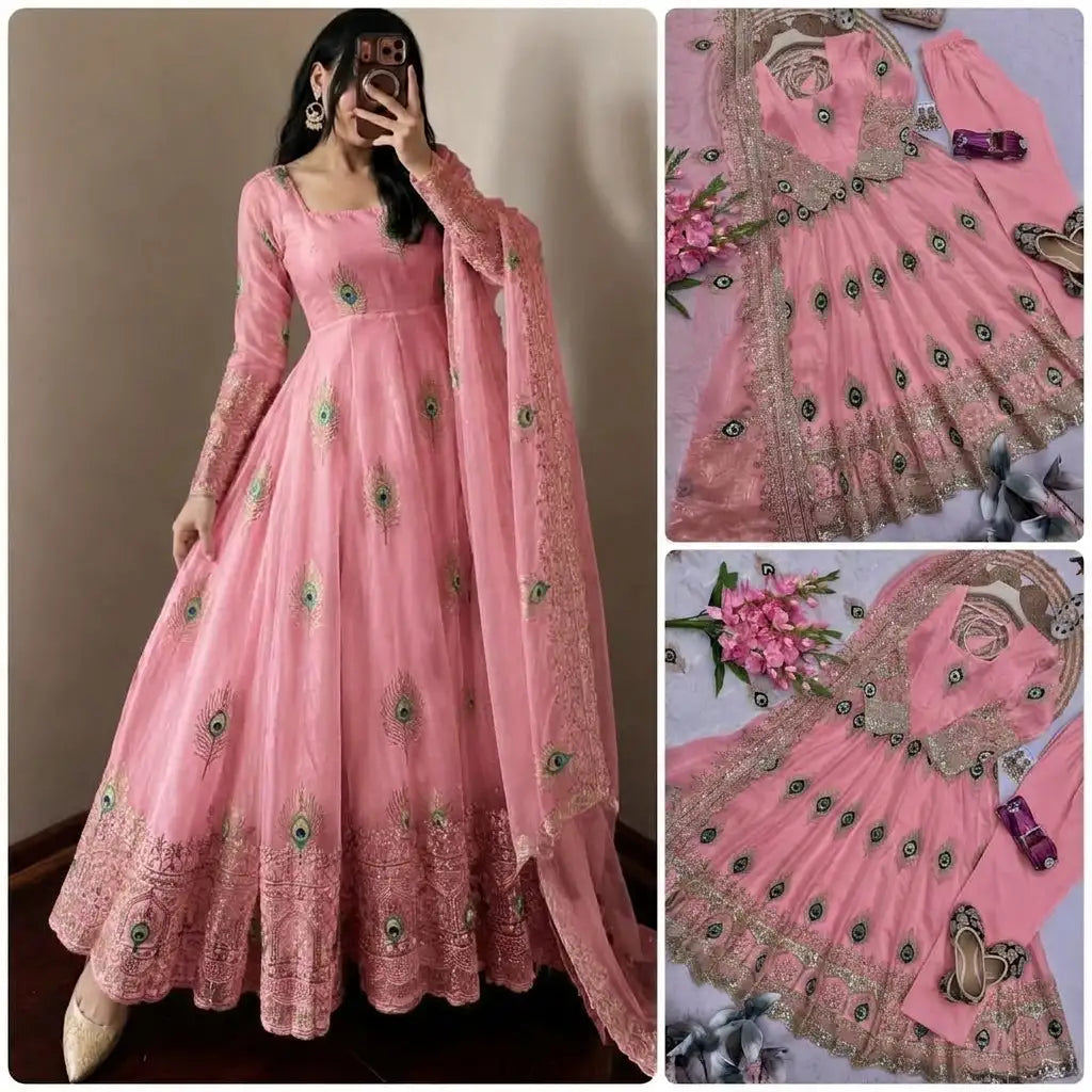 Women's Baby Pink Peacock Motif Anarkali Kurta Set