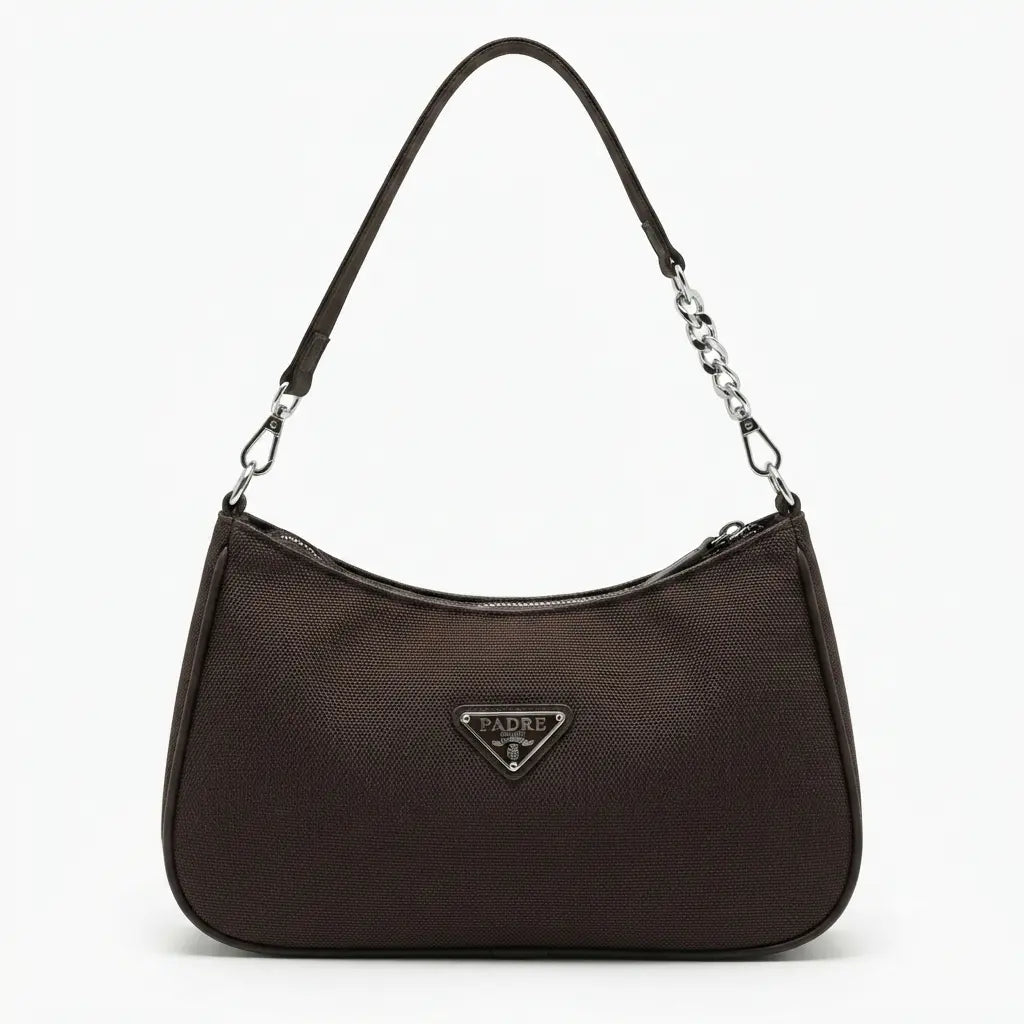 PADRE Brown Textured Canvas Hobo Bag with Chain Strap