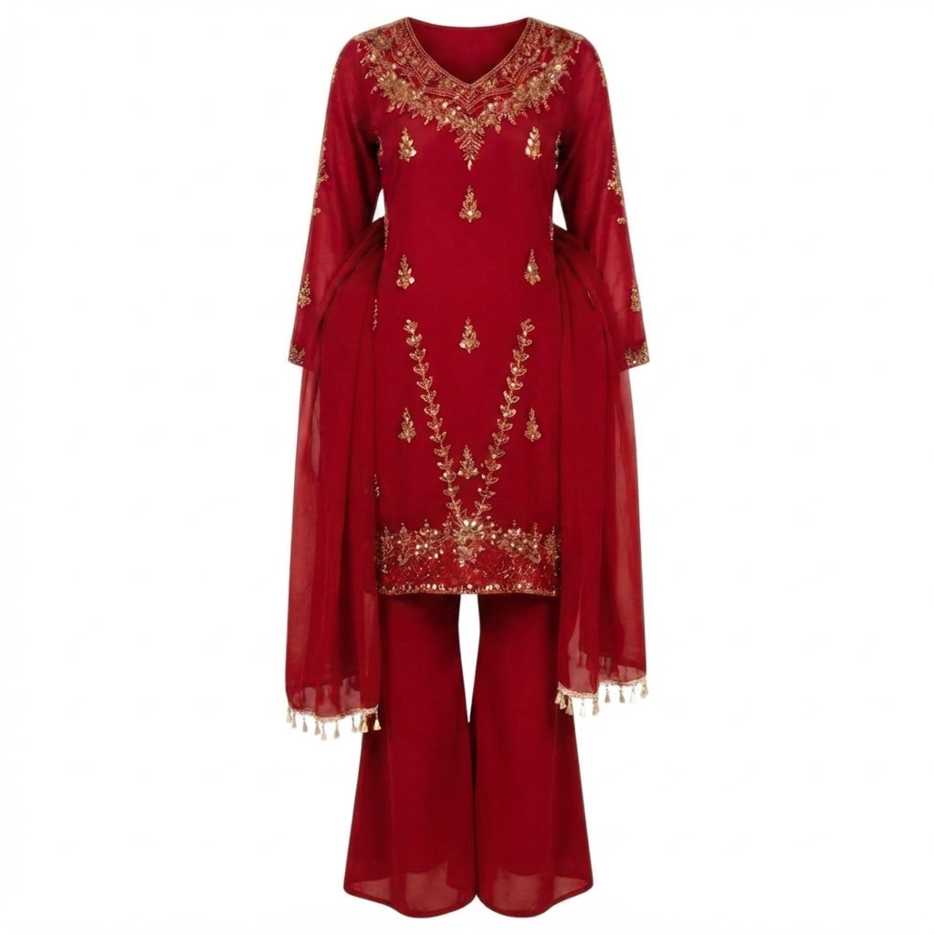 90's Red 3-Piece Kurti Sharara Suit
