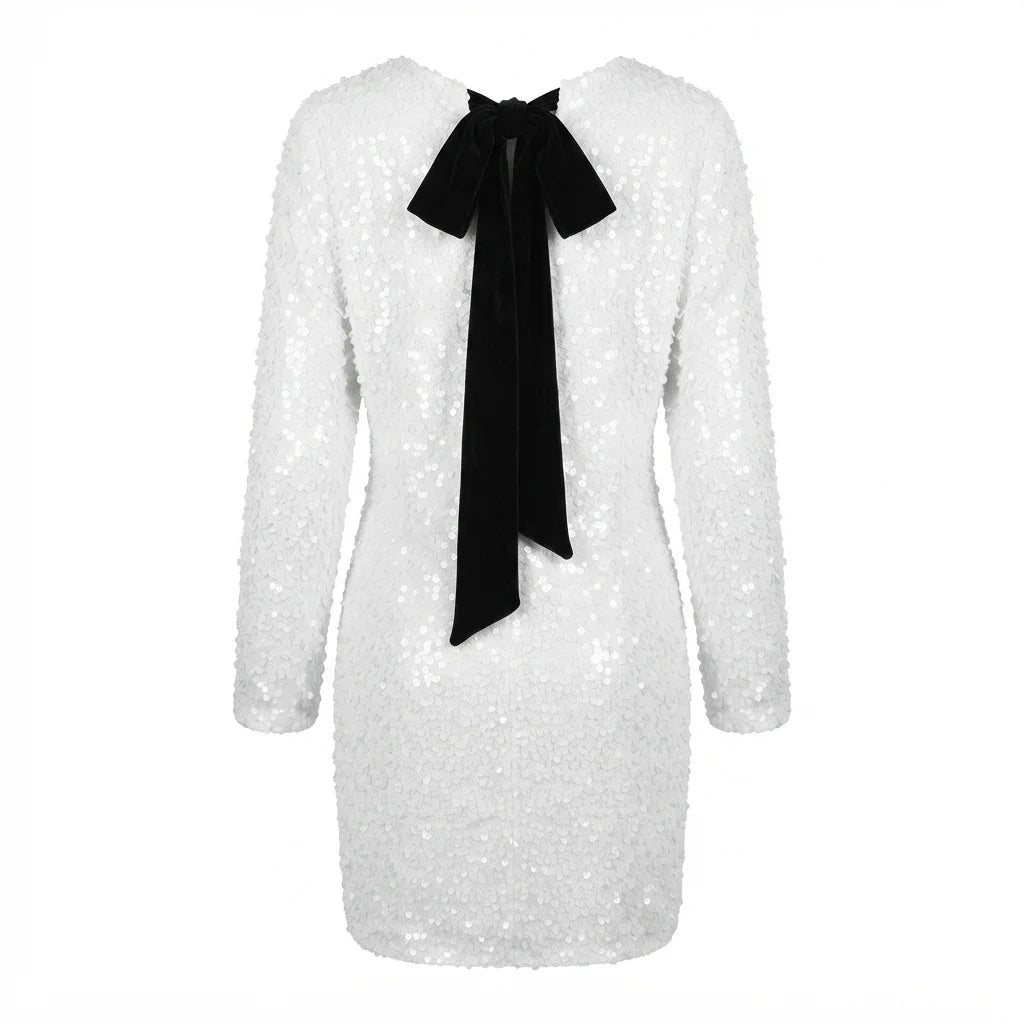 Elegant White Sequin Dress with Black Bow – Size 2XL to 3XL