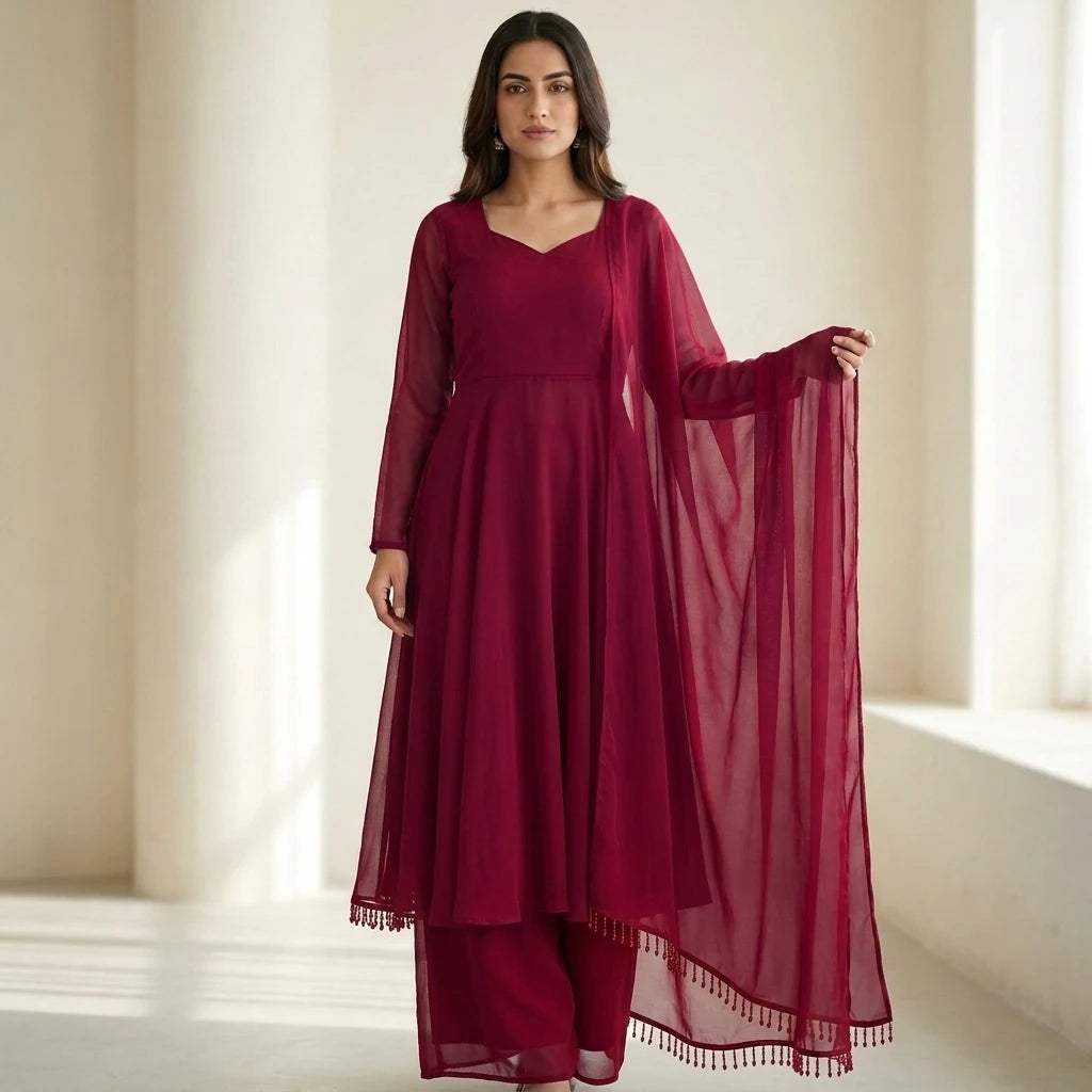 Red Anarkali Gown Set with Palazzo & Dupatta