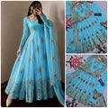 Women's Light Blue Peacock Motif Anarkali Kurta Set