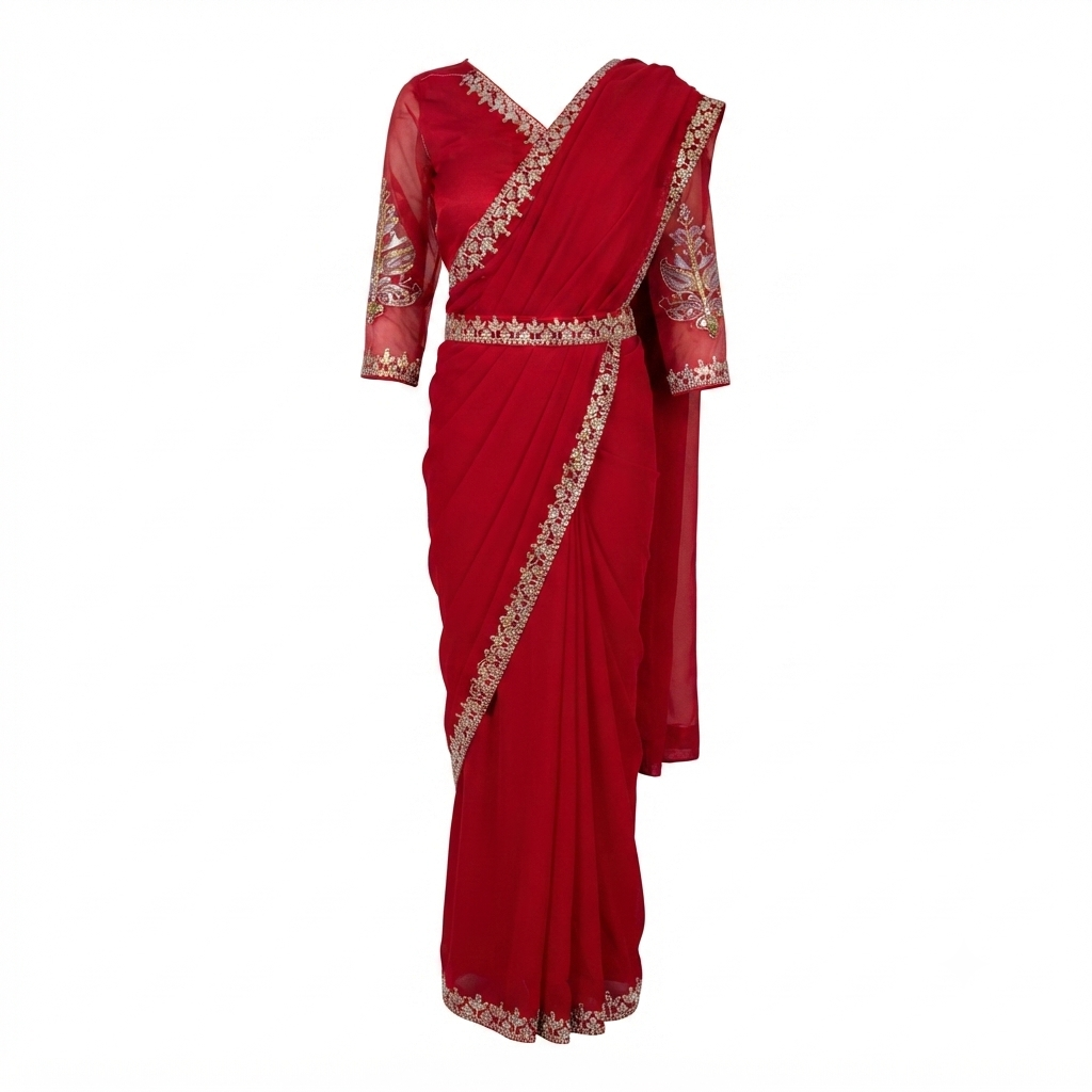 Georgette Saree with Embroidery Work , Stitched Blouse With Belt