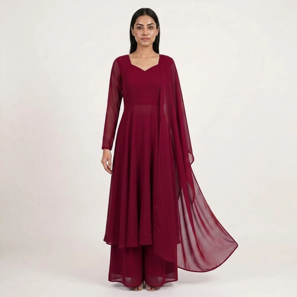 Red Anarkali Gown Set with Palazzo & Dupatta