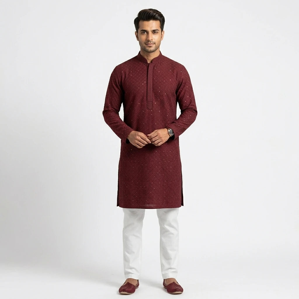 Men's Maroon Chikankari Kurta Pyjama Set
