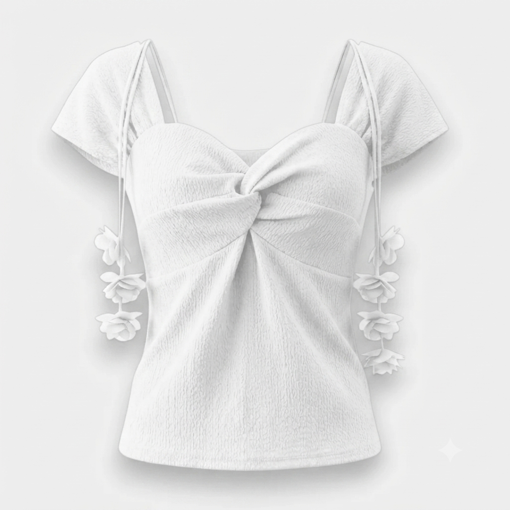 White textured short-sleeve top with a twisted front detail, thin shoulder straps, and dangling white flower embellishments, shown on a light gray background.