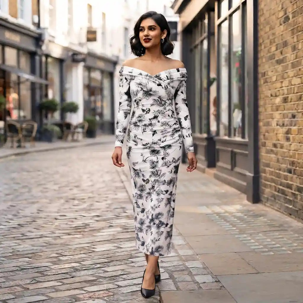 Floral Ruched Bodycon Dress – Sizes XS to XL