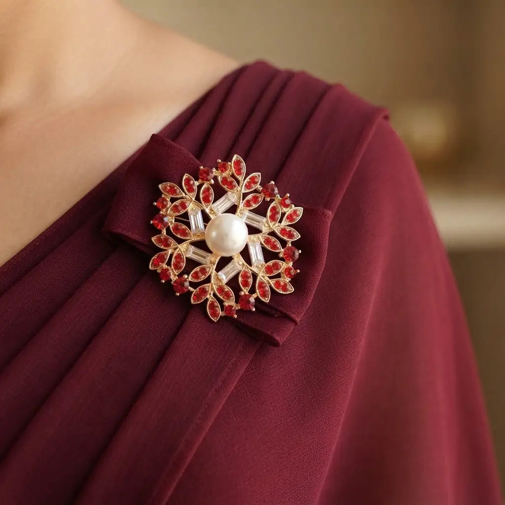 Pearl & Red Stone Saree Pin