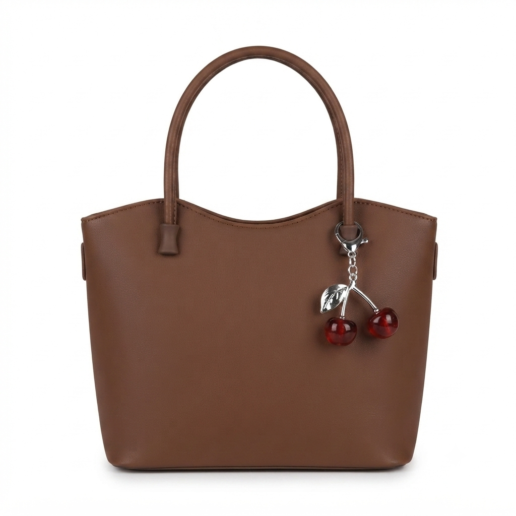 Brown Structured Faux Leather Tote with Cherry Charm