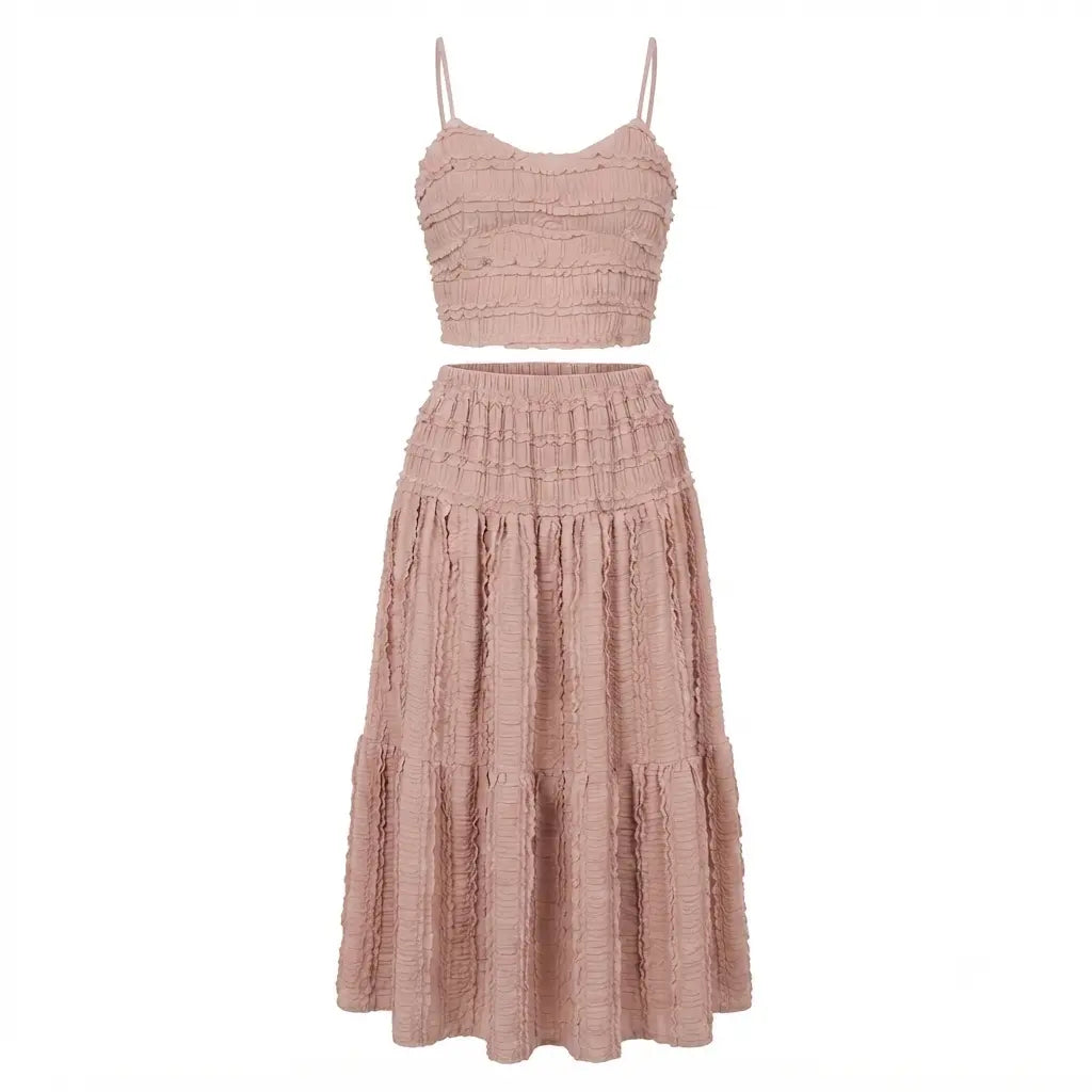 Textured Ruffled Crop Top and Midi Skirt Set - Size S to L