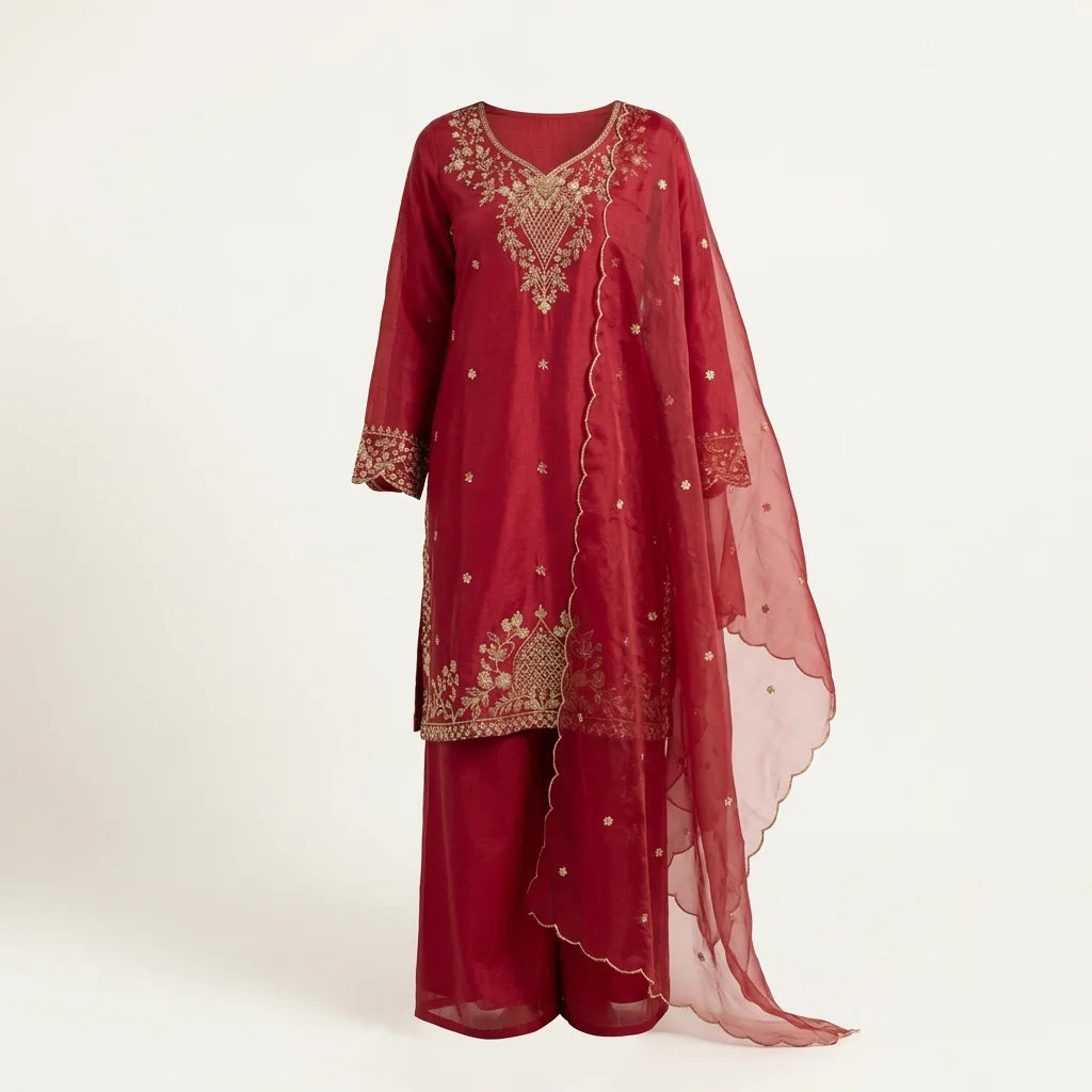 Royal Maroon 3-Piece Silk Kurthi Set