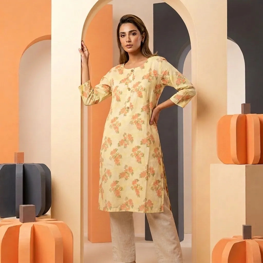 Yellow Floral Printed Cotton Kurthi Top - Size 42