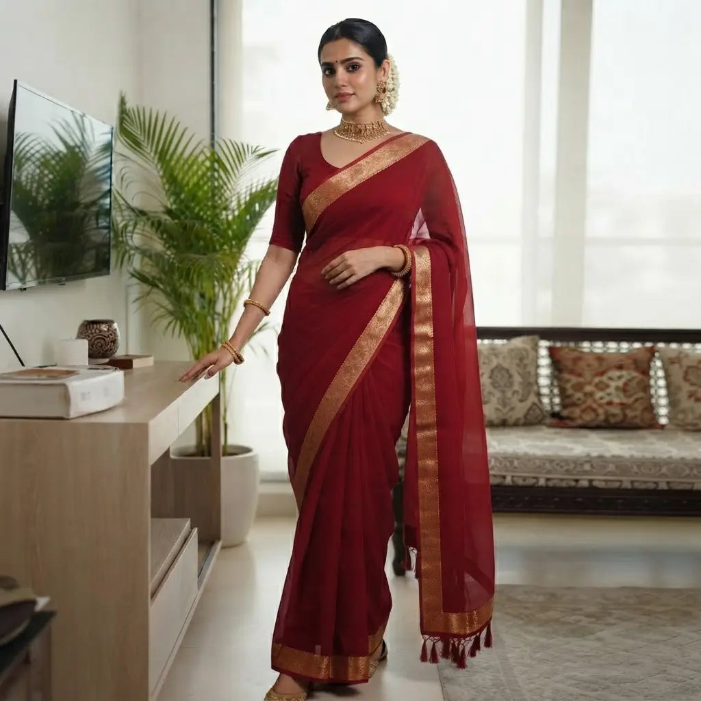 Festive Wear Solid Red Saree With Border