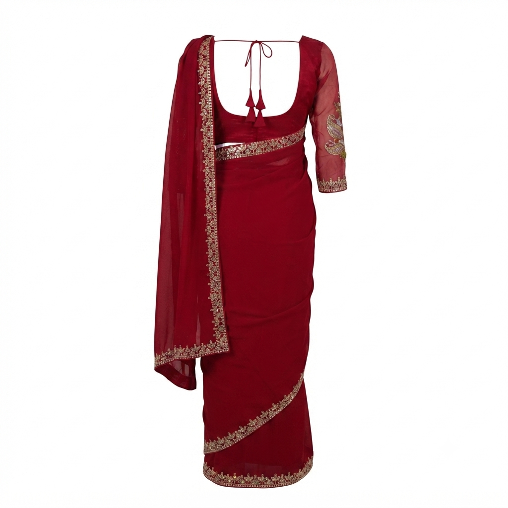 Georgette Saree with Embroidery Work , Stitched Blouse With Belt