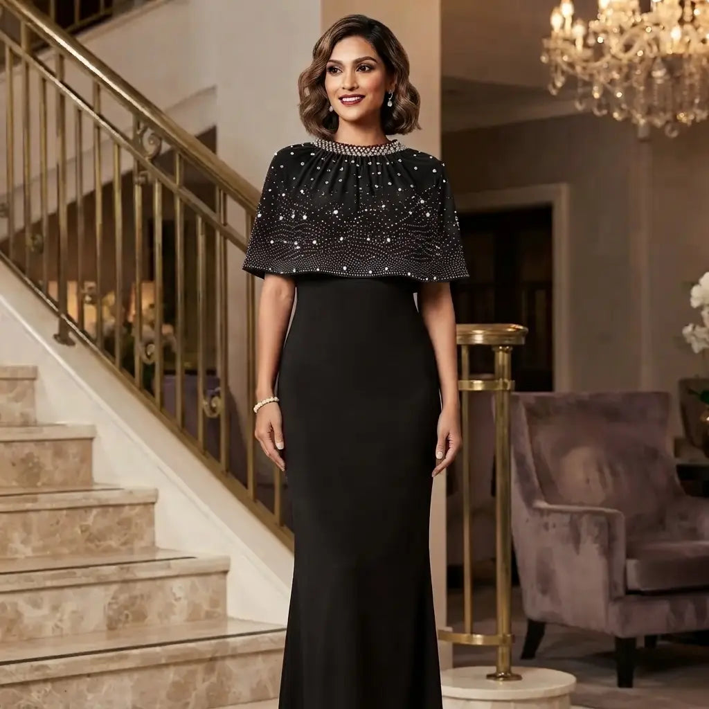 Elegant Black Beaded Cape Overlay Dress – Sizes S to L