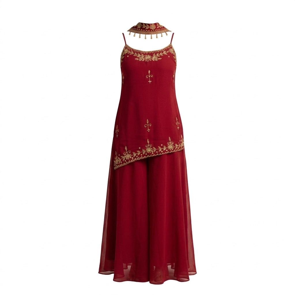 Red Handwork Embellished Short Kurti Set