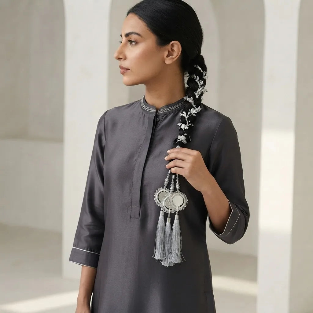 Traditional Silver Hair Lacha with Mirrors and Tassels