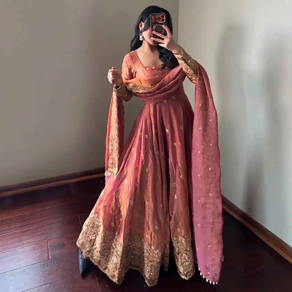 Rose Pink Embroidered 3-Piece Gown Kurthi Set
