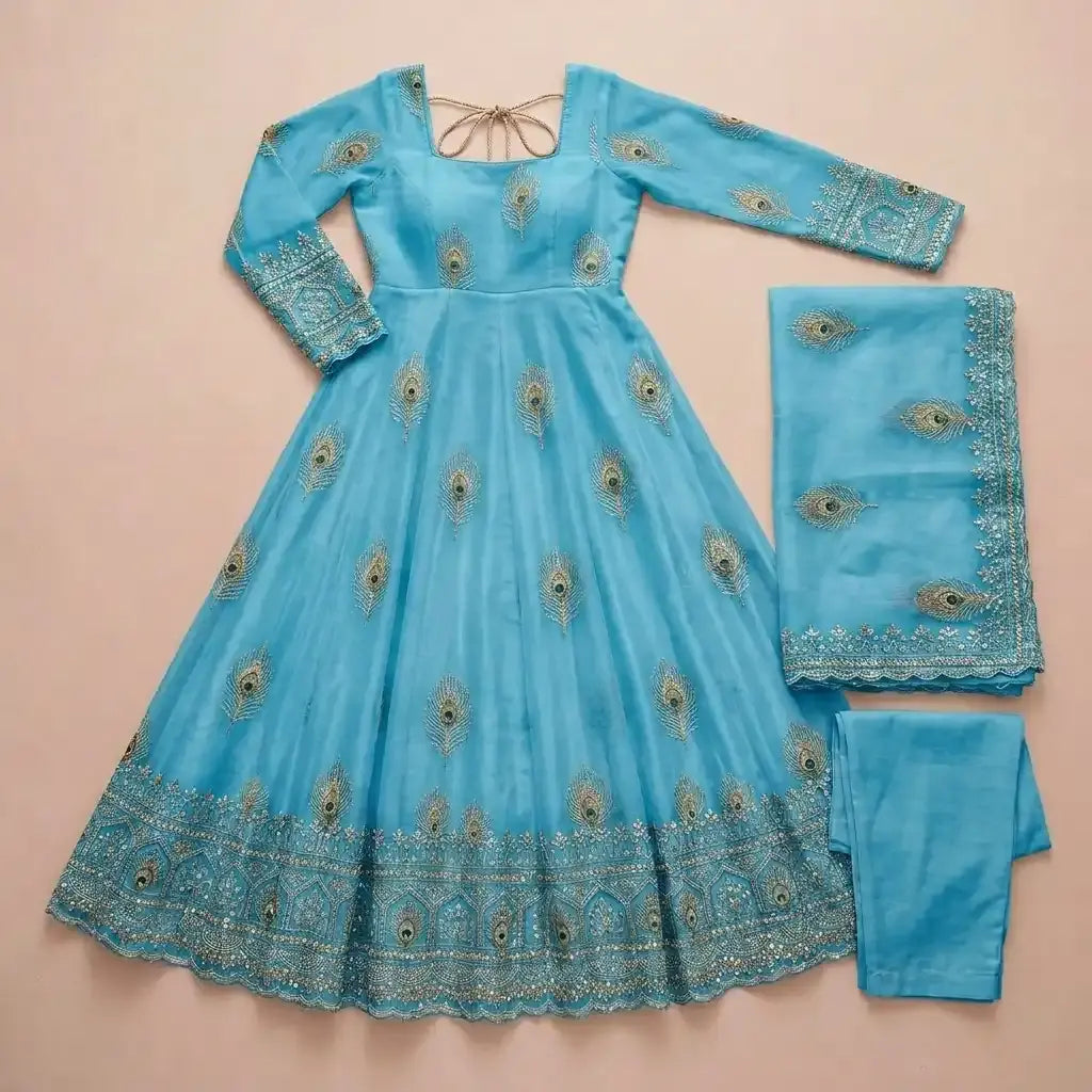 Women's Light Blue Peacock Motif Anarkali Kurta Set