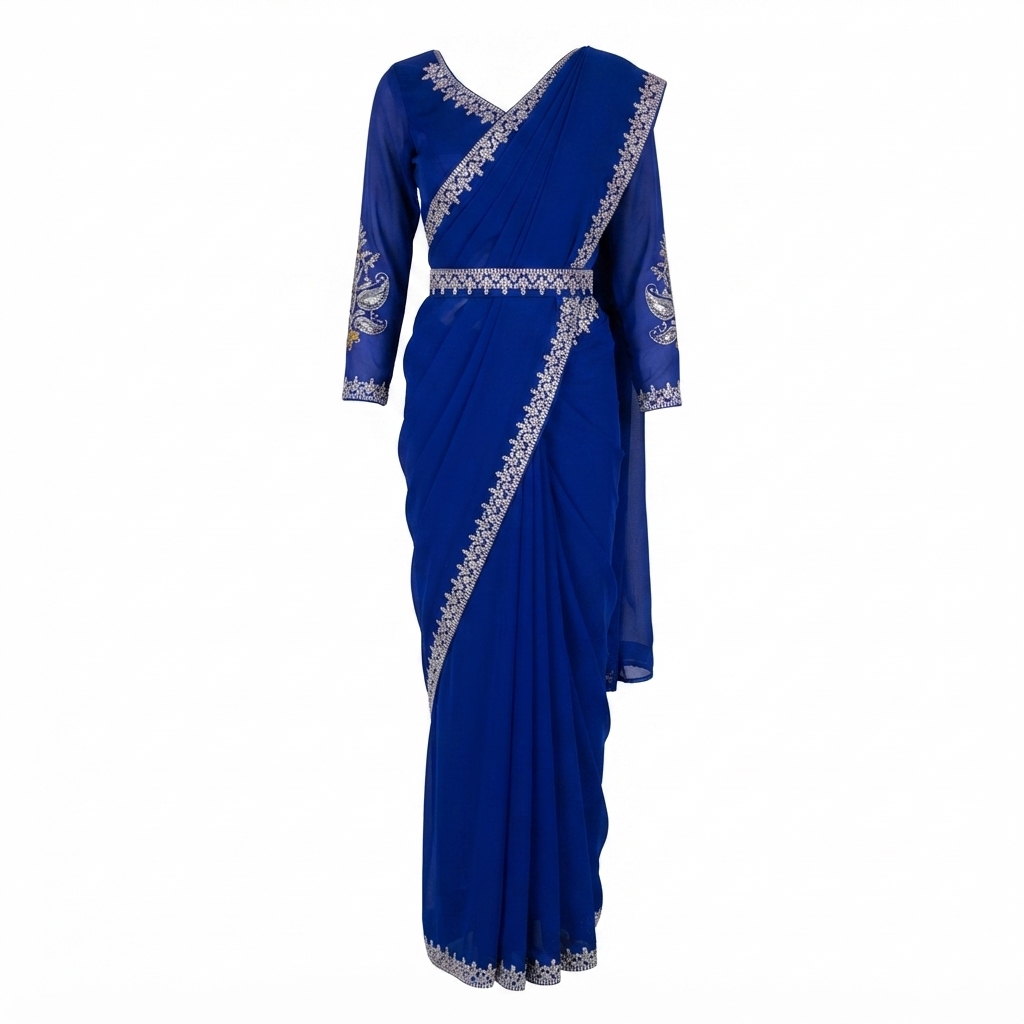 Georgette Saree with Embroidery Work - Stitched Blouse & Belt Size 40
