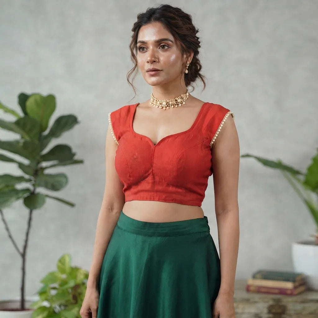 Red Designer Blouse with Pearl Design