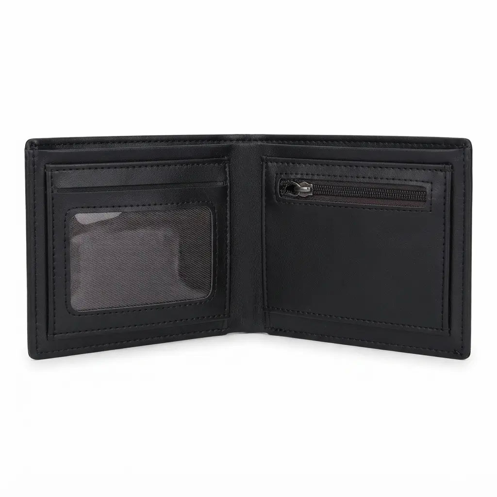 Black Leather Bi-Fold Wallet with ID Window & Zipper Pocket