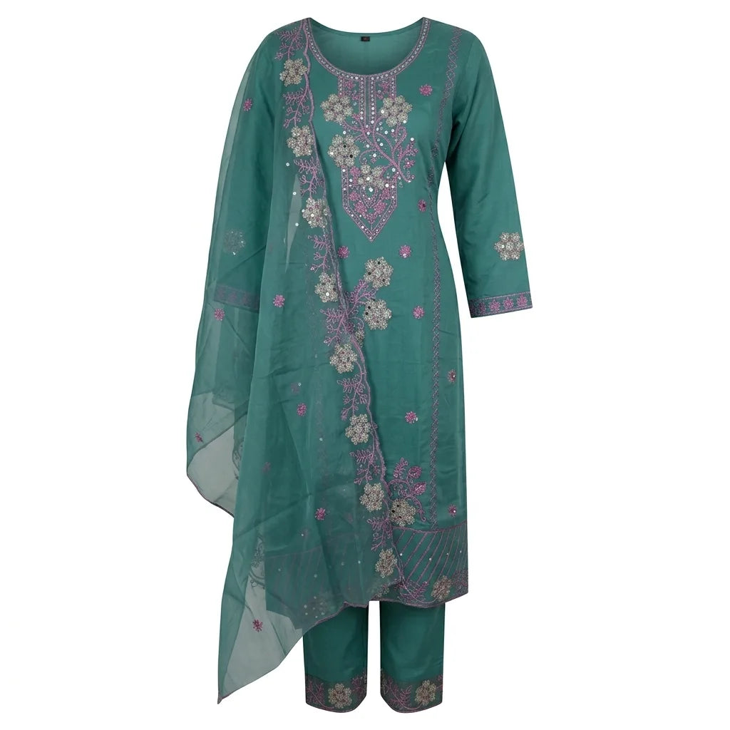 Floral Embroidered 3-Piece Kurta Set - Size 40