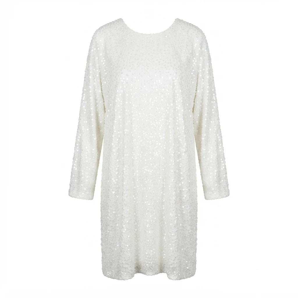 Elegant White Sequin Dress with Black Bow – Size 2XL to 3XL