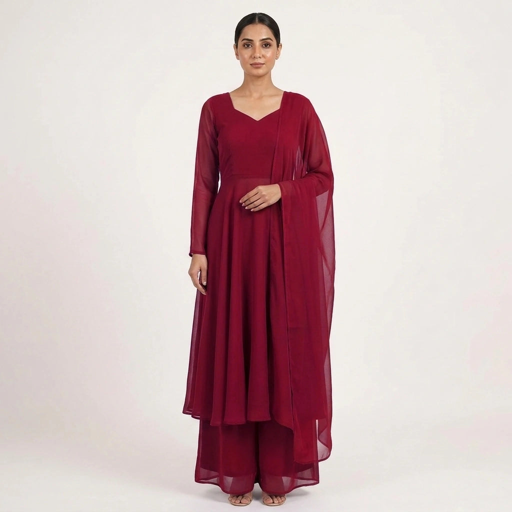 Red Anarkali Gown Set with Palazzo & Dupatta