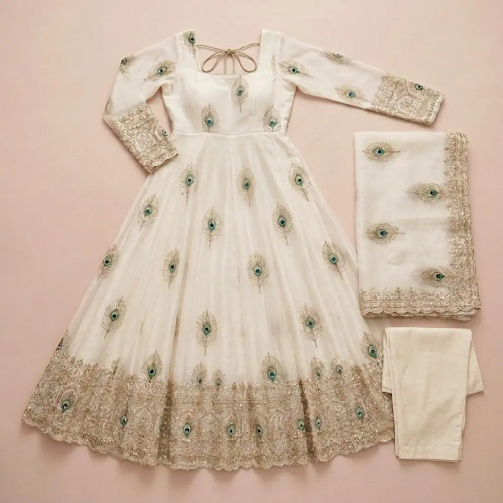 Women's Off-White Peacock Motif Anarkali Kurta Set