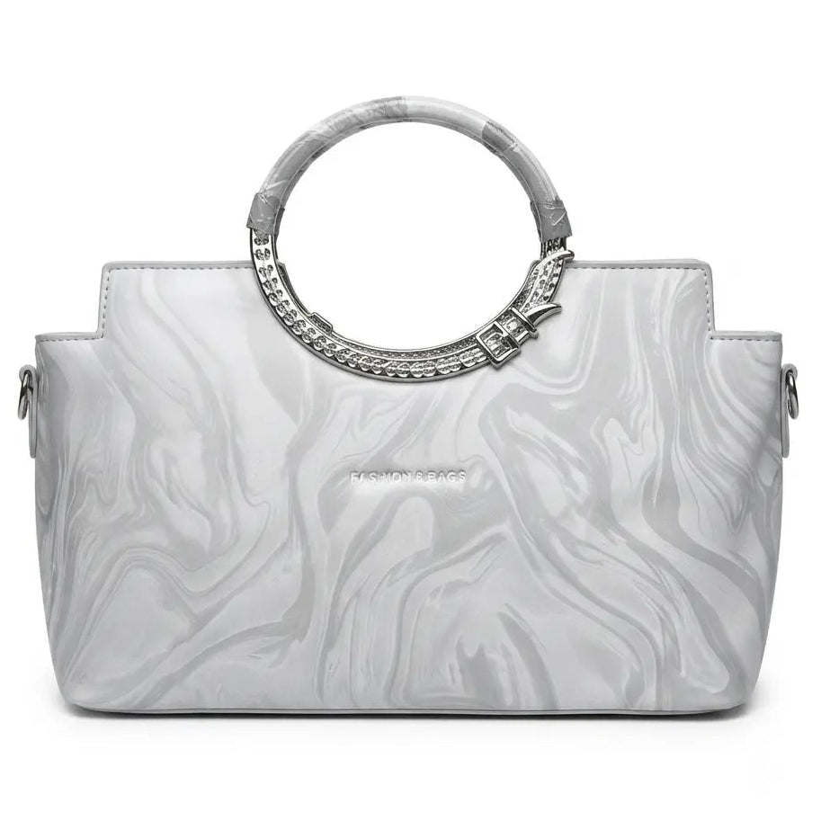 Metallic Silver Marbled Top-Handle Bag